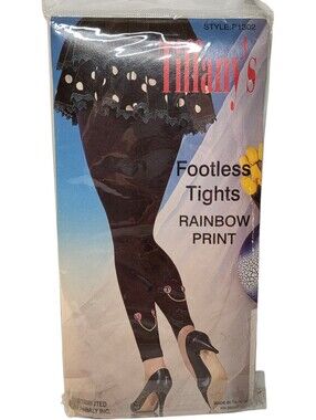 Vintage 80s Footless Black Tights Rainbow Chain Charm Tiffany's Retro Hosiery